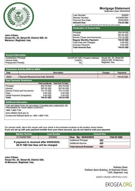 Modèle Word et PDF de relevé hypothécaire de la Banque Rafidain en Irak